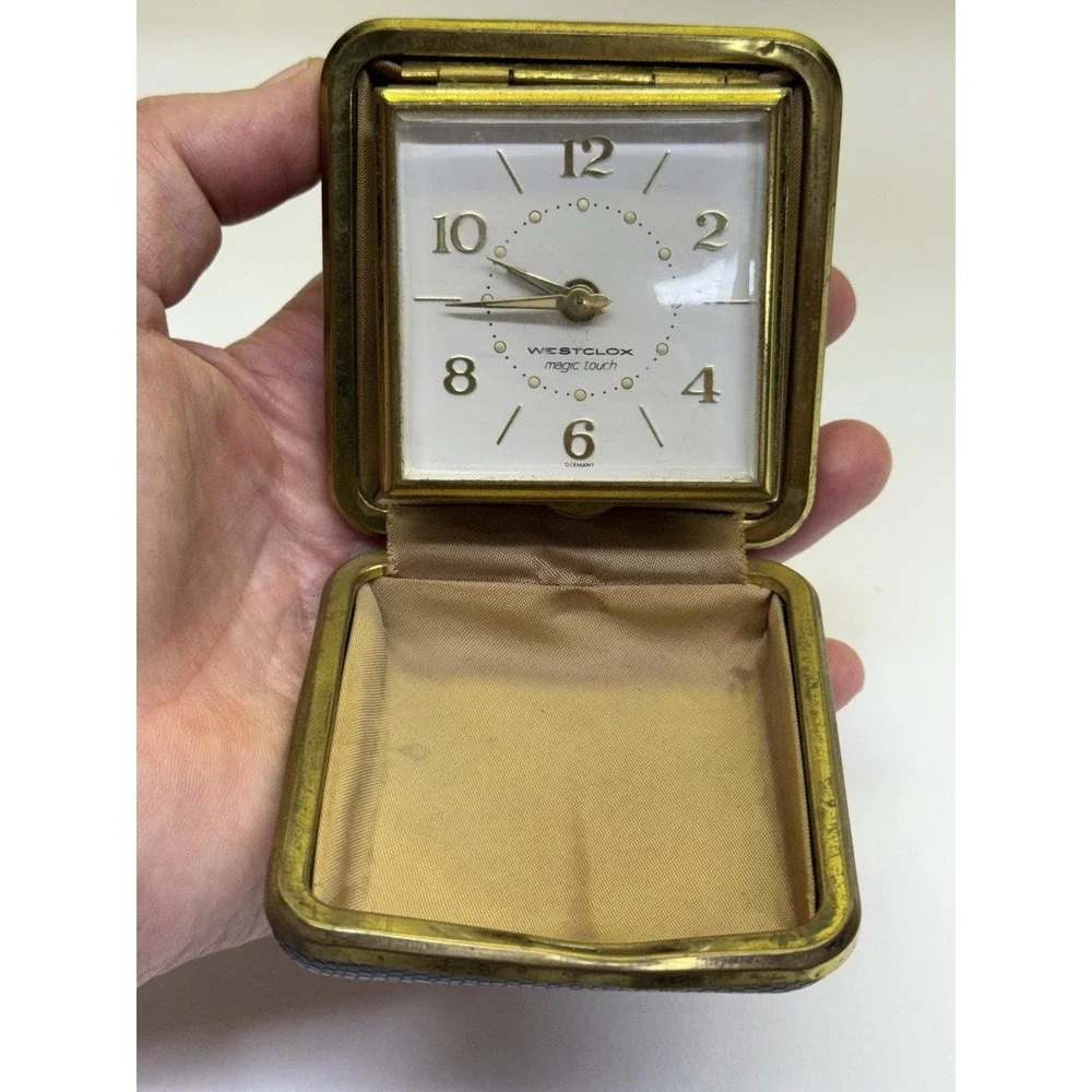VTG German Westclox Travel Alarm Clock in Leather Case *Works*